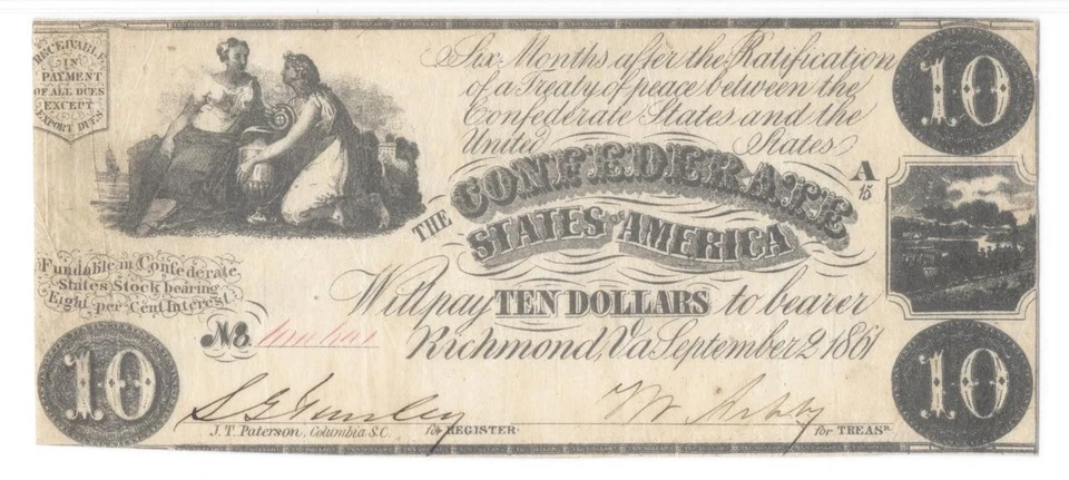T-28 PF-7 1861 $10 Confederate Civil War Note PMG Very Fine 25 Bright Good Color - Image 2 of 4