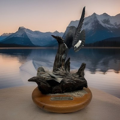 Vintage Lark Bunting Bird on Driftwood Sculpture RARE Art Figurine Hand Crafted