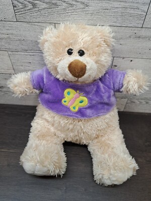 Megatoy 12'' Plush Tan Teddy Bear Stuffed Animal Toy Purple Butterfly Sweater 