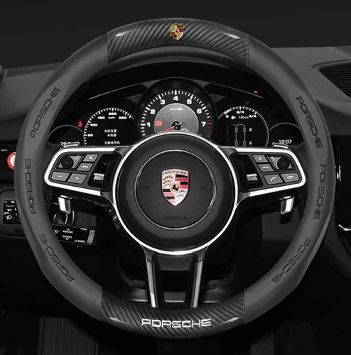 15" PU Leather+Carbon fiber Steering Wheel Cover For 1990-2025 Porsche All Cars - Picture 3 of 13