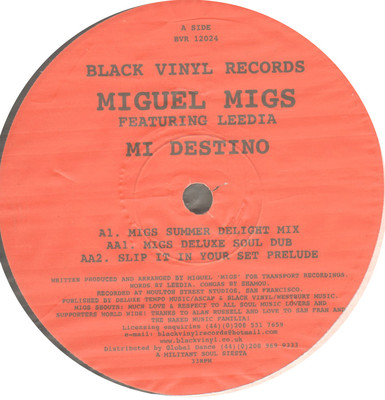 MIGUEL MIGS - Mi Destino , Feat. Leedia - 2000 Black Vinyl Rec. Uk   BVR 12024