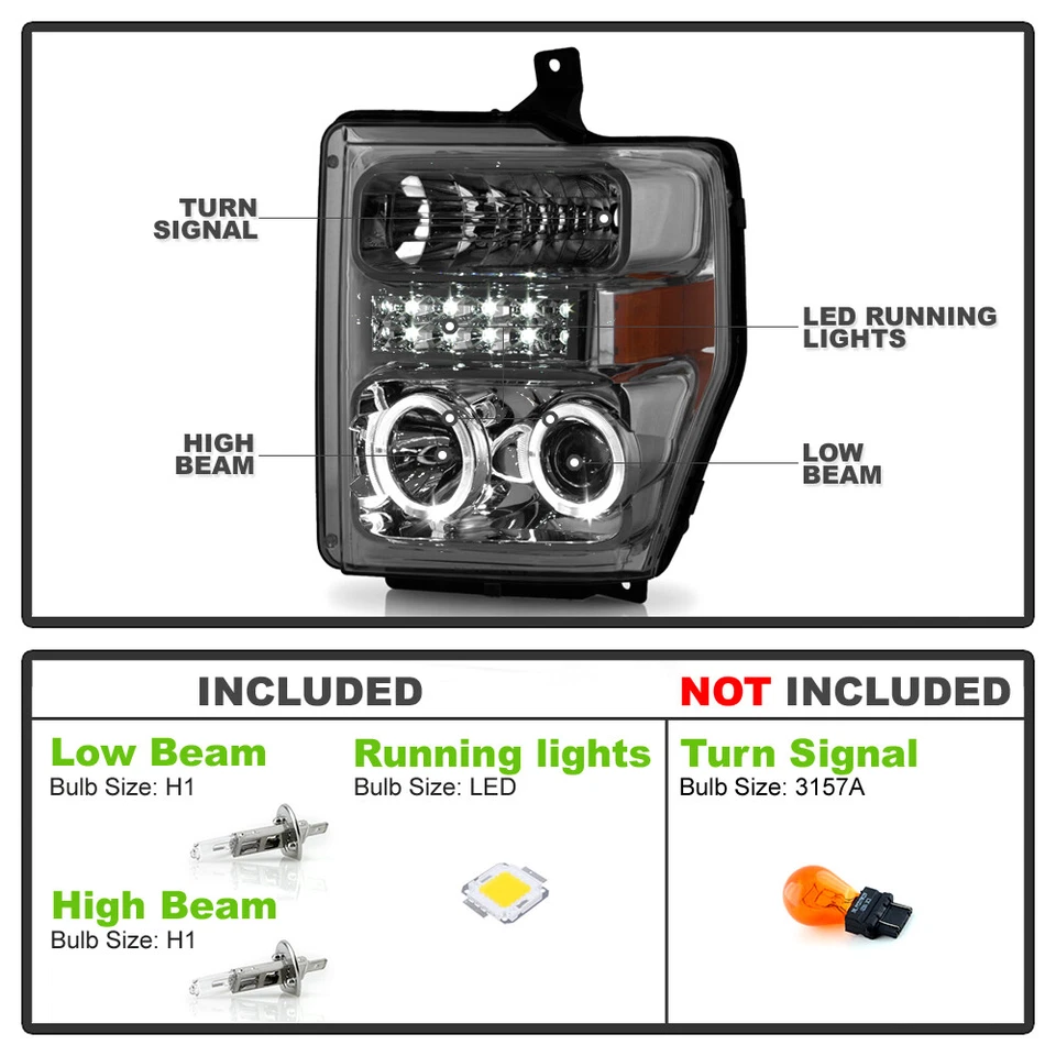 Faros proyectores halo LED DRL Smoke 2008-2010 Ford F250 F350 F450 Superduty Foto 2 de 4