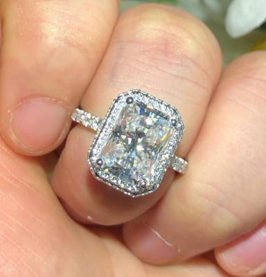 14K White Gold 4 CT Radiant Cut Moissanite Halo Engagement Wedding Ring For Her