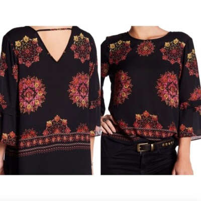 DR2 DANIEL RAINN Ruffle Bell Sleeve Blouse Black Mandala Boho 3/4 Sleeve Medium