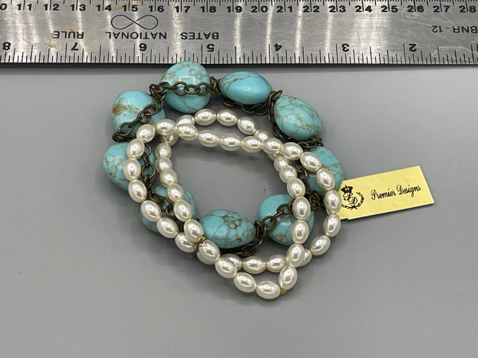 Premier Designs Resort Set Stretch Bracelet 5817 Brass Faux Turquoise Pearls - Image 2 of 4