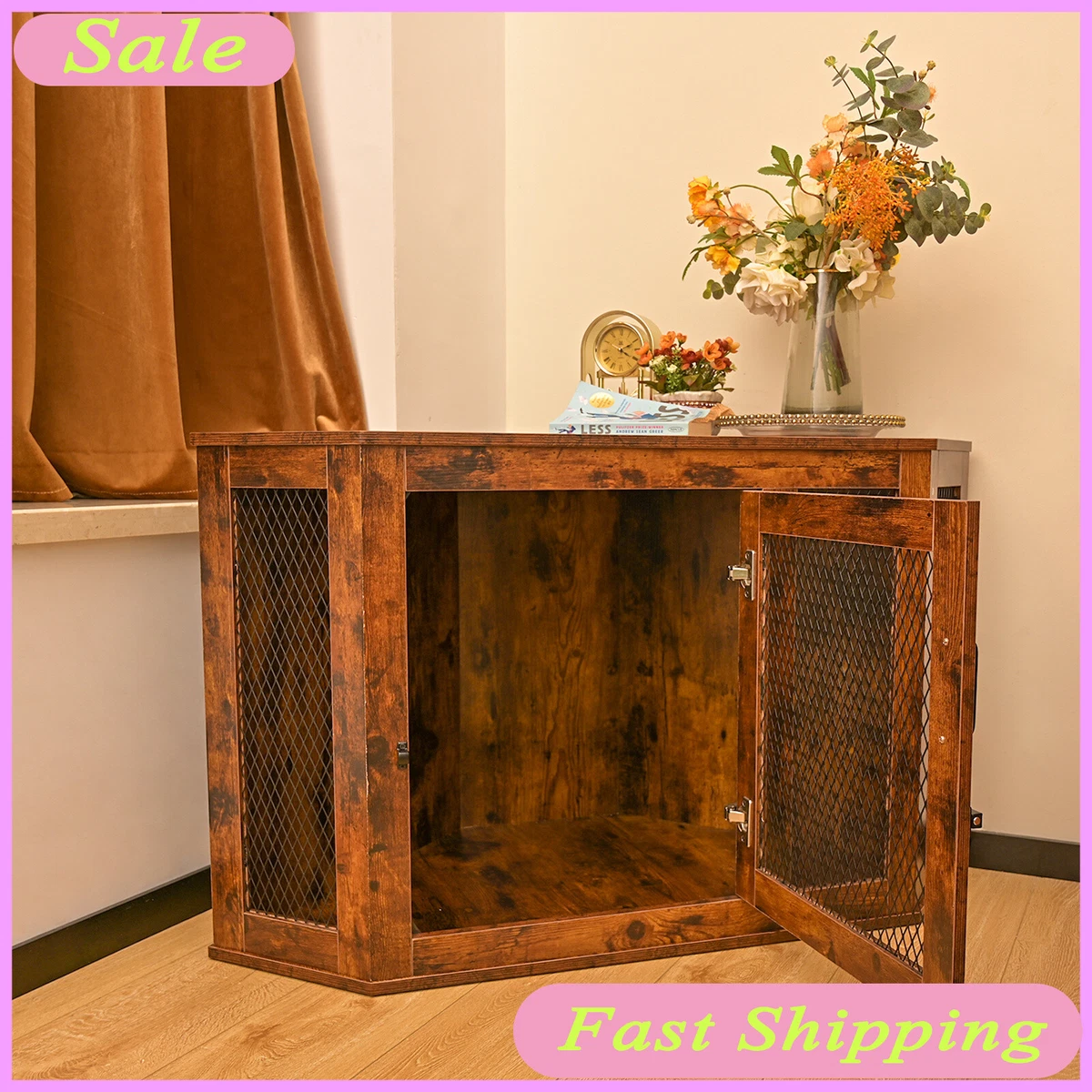 Corner Dog Crate End Table Dog Kennel w Door Brown Wooden Home Furniture Large
