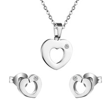 Silver Stainless Steel Hollow Heart Zircon Pendant Set with Earrings 3 pc