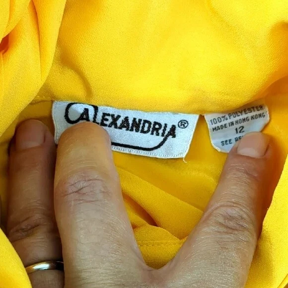 Blusa Vintage Años 90 Satén Brillante Brillante Satinado Amarillo Cuello Alto Plisado Delantero 12 Foto 4 de 4