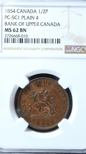 PC-5C1 NGC MS-62 Halfpenny 1854 token Province of Upper Canada Bank Breton 720