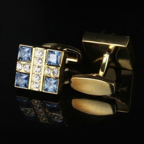 2Ct Blue Sapphire Men Cufflinks Jewelry Cuff Links Tie Clasps Tacks 14K Gold FN - Afbeelding 1 van 5