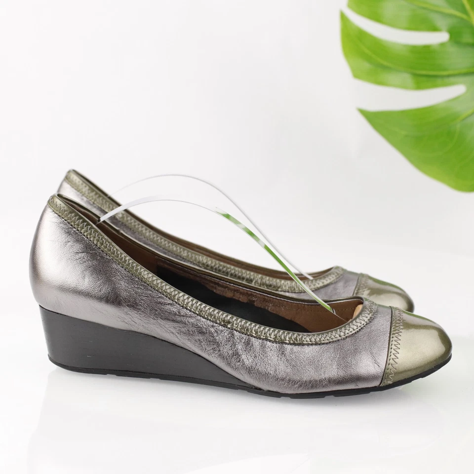 Cole Haan Mujer Milly Pump Talla 9.5 Metálico Peltre Cuero Oliva Tacón de Cuña Foto 4 de 4