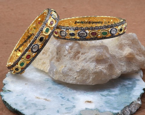 925 Sterling Silver Polki Ruby Emerald Sapphire Pave Diamond Bangle Jewelry Gift - Picture 3 of 14