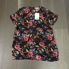DR2 by Daniel Rainn Top Womens Small Black Floral Lightweight Mom Casual