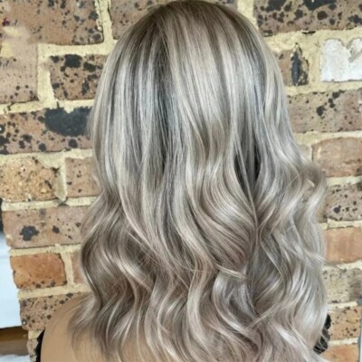 13x4 Human Hair Lace Front Wig Short Body Wave Ash Blonde with Grey Highlights 