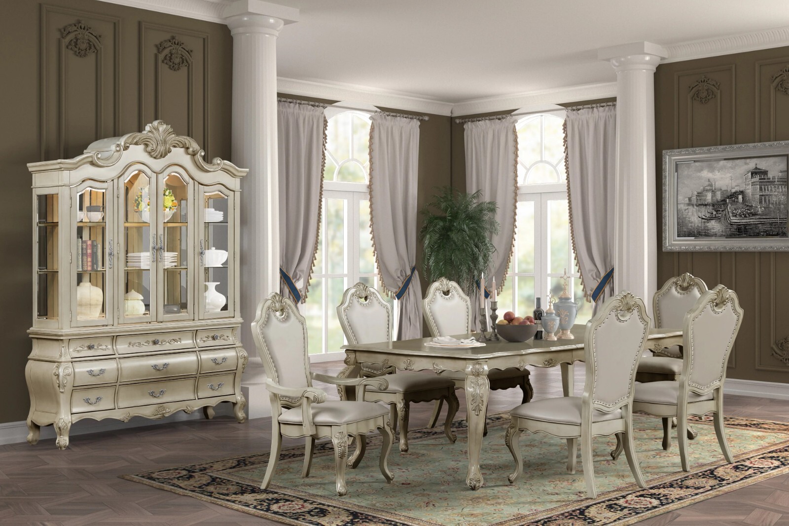 Formal Traditional 7pc Dining Set Extendable Table and Chairs Antique White Wash