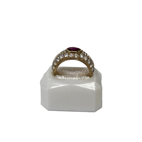 9ct 9k Yellow Gold Created Red Ruby And Cubic Zirconia Ladies Ring Size N1/2 New - Picture 5 of 8