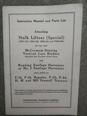 Vintage McCormick Deering IH Stalk Lifters H, M MD Farmall Tractors Manual