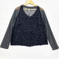 Vintage MSK Women Blouse Womens 1X Plus Black Sparkly Velour Sheer Long Sleeves