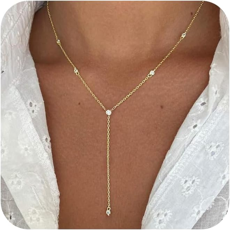 Gold Long Necklace for Women, Dainty Gold Lariat Necklace 14K Gold Plated/Silver