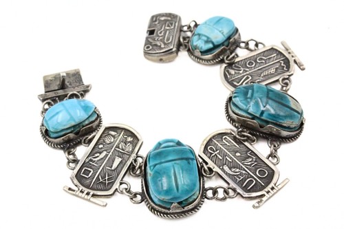 Mythological Egyptian Revival Sterling Fayence Skarabäen Heiroglyphen Armband