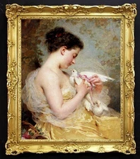 Handmade old master Antique Oil Painting art Small girl bird on canvas 24"X30"