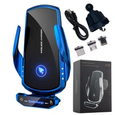 Blue Wireless Car Charger Mount - 15W Fast Charging Auto Clamping Phone
