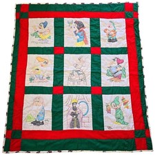 50/70s VTG Handmade Disney Snow White 7 Dwarfs Quilt 45"x40" Baby Lap Blanket