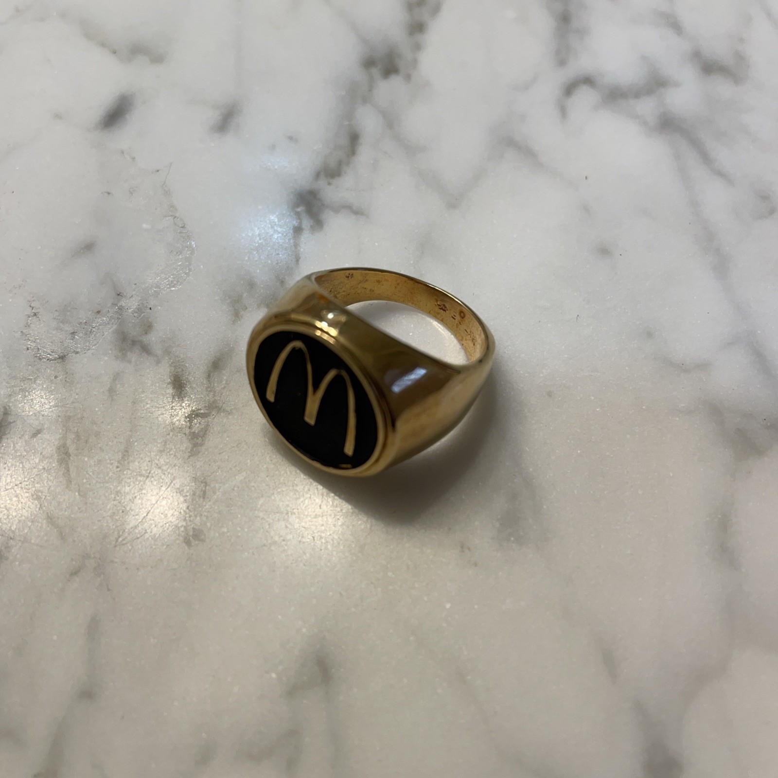 McDonald's Vtg 18K Gold Plated Ring M Signet Brass Size8.5 NOS Balfour