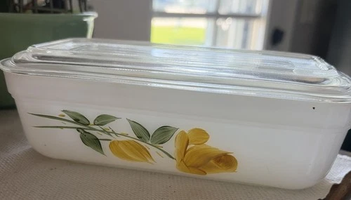 RARE Fire King Gay Fad Yellow Roses Refrigerator Dish Loaf pan With Lid  “READ”