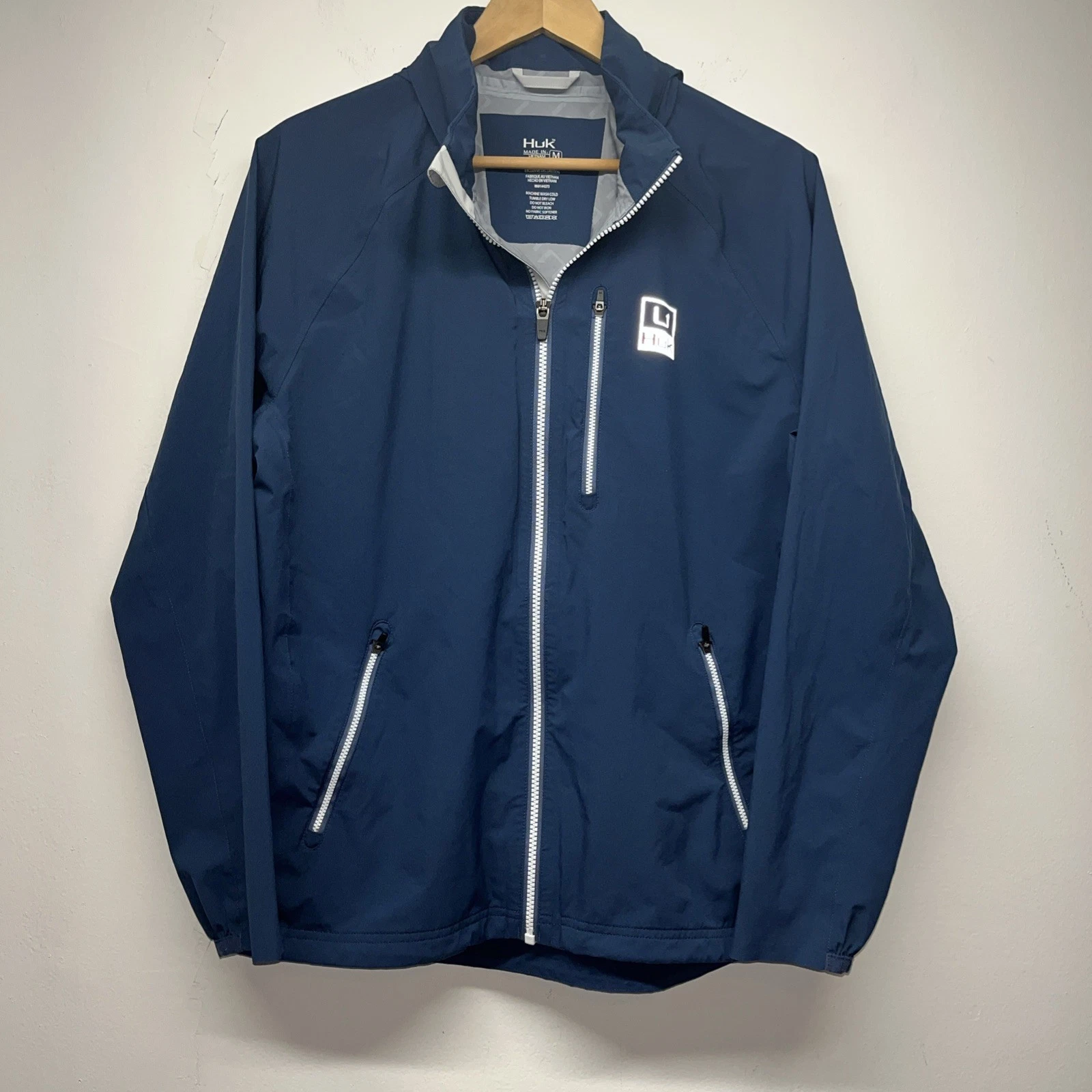 Huk Mens Pursuit Waterproof Jacket Blue Hooded Fishing Windbreaker Medium