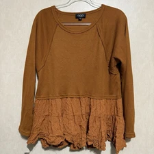 Gigio Womens Small Burnt Orange Waffle Knit Ruffle Hem Mixed Media Top