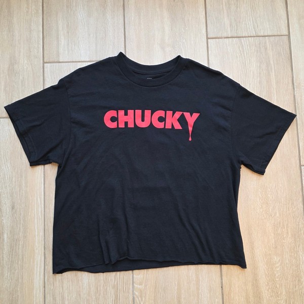 Chucky Cropped Graphic T Shirt Womens M Horror Movie Tee Black Red