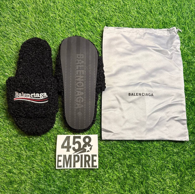 Balenciaga Black Logo Fur Slide Sandals Slip-On US 12 Unisex New