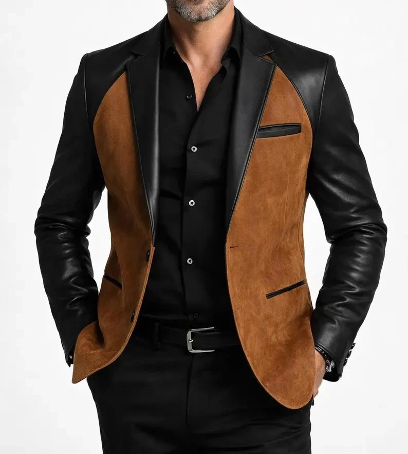 Men Suede Leather Blazer Jacket Tan Black Western Slim Fit Contrast Coat Party