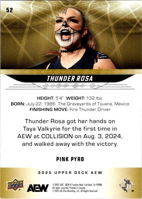 2025 Upper Deck AEW Thunder Rosa Pink Pyro 39/79 card #52 - Image 2 of 2