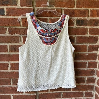 Anthropologie Women's Akemi + Kin Ara Ivory Boho Embroidered Tank Top Sz L