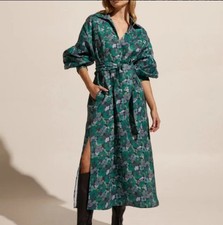 Zoe Kratzmann green floral Beeline Dress Sz 2 12 AU Linen Midi waist tie altered