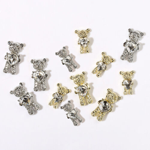 3pcs Cute Alloy Love Bear Shiny Rhinestone Nail Charms With Heart Creative Nails - Picture 1 of 16