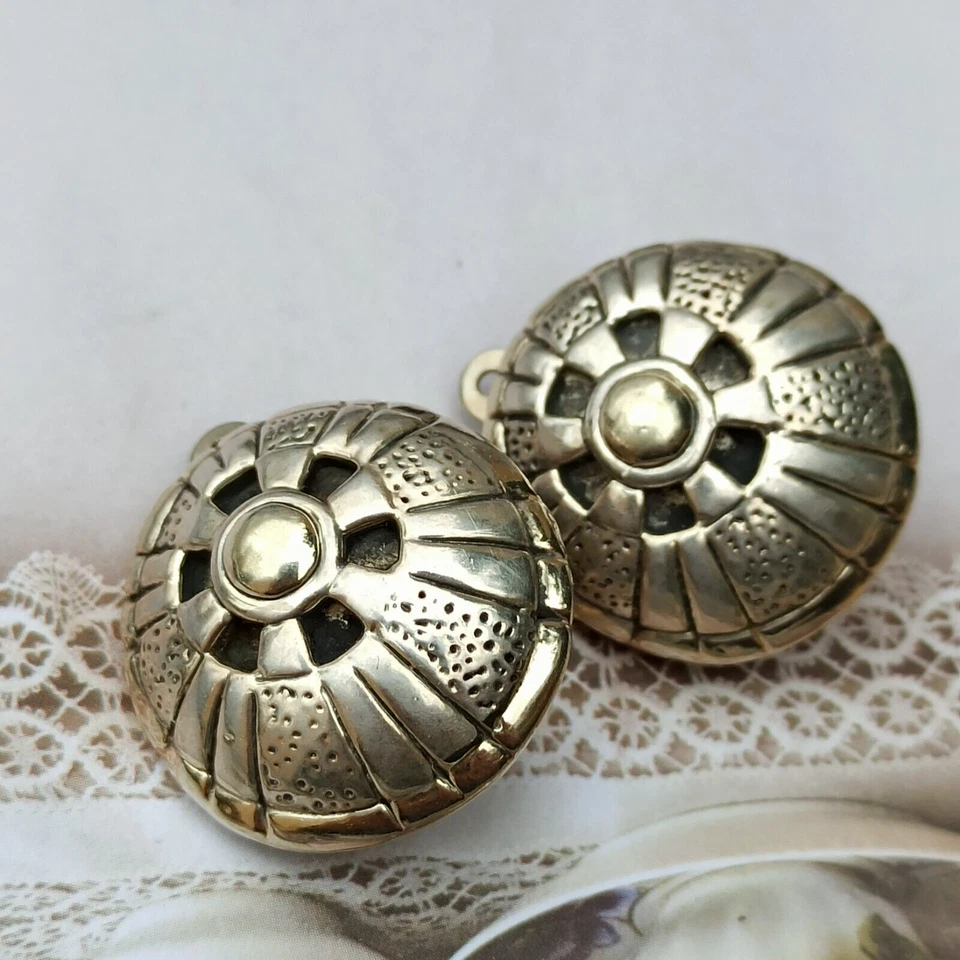 Vintage Silver Signed Clip Earrings M.H Puffy Dome Modernist Chunky Art Deco 925 - Image 2 of 4