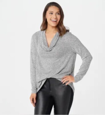 Lisa Rinna Collection Long-Sleeve Hi-Low Hem Cowl Neck Top Grey