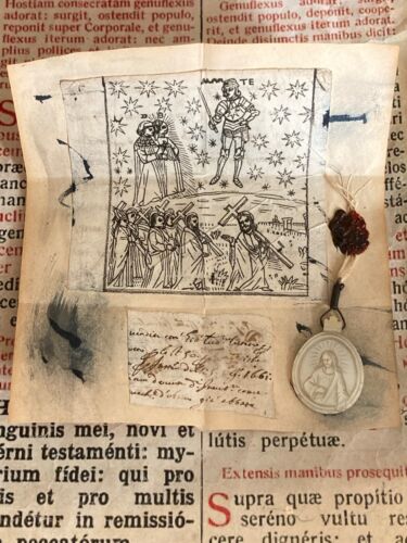 RARE ANCIENT NACRE RELIC : OUR Lord handmade + Handwritten document & wax seal ! - Afbeelding 1 van 15