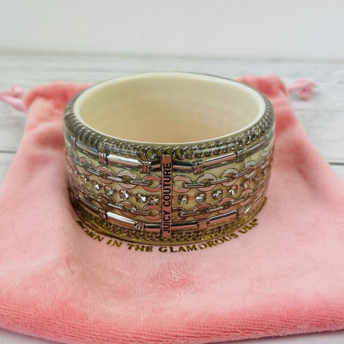 JUICY COUTURE Wide Bangle Bracelet Silver Chains Gems Encased In Lucite Y2K Vtg