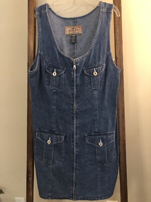 Vintage 90's EXP Express Denim Dress Size Large front Pockets Zip Up 