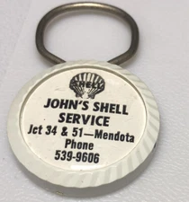 Vintage Mendota IL John’s Shell Service Auto Gas Oil Repair Illinois Keychain