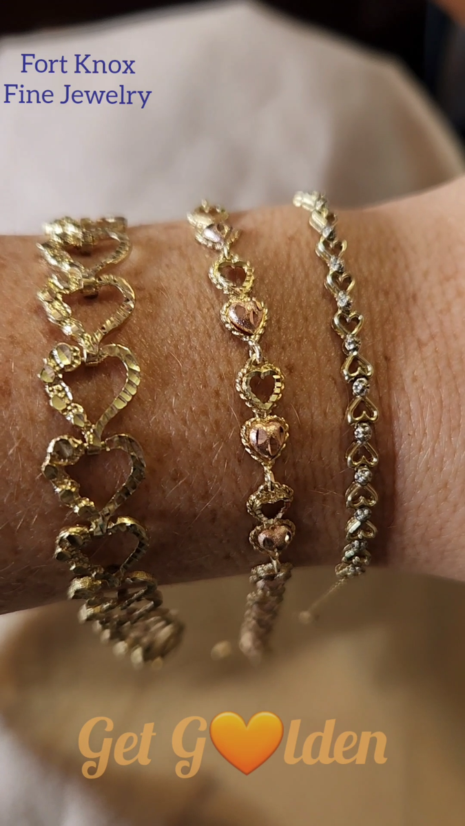 Solid 10K Yellow & Rose Gold Love Bracelet with Heart Links