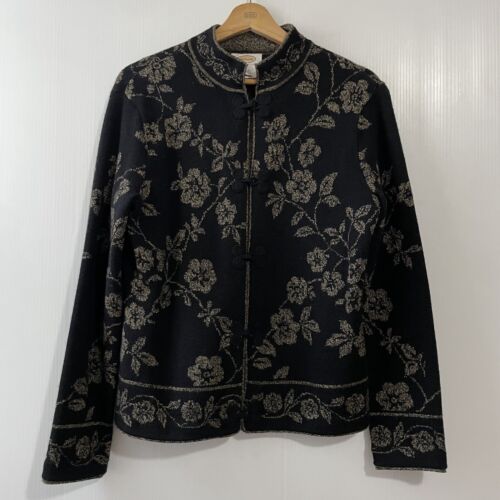 VTG Talbots Size S Black Gold Floral 100% Merino Wool Cardigan w/ Frog Closure