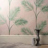South Beach Palm Leaf Fine Decor Tapete Blush Pink Metallic Mica FD42680