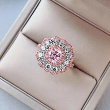 Two-Tone 2.9Ct Pink Cushion Cut CZ Halo Rose Wedding Engagement Ring 925 Silver