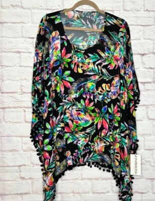 1X/2X/3X New Black Purple Blue Green Rainbow Floral Pom Pom Gauze Poncho Top