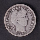 USA United States 1908 10c Ten Cent Silver Coin Barber Dime .900 Silver